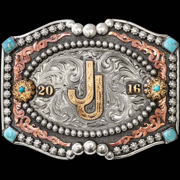 A custom belt buckle for women featuring a GFYR logo and turquoise stones